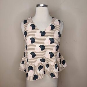 1. STATE Polka Dot Stripe Sleeveless Top Ruffle Hem Peplum